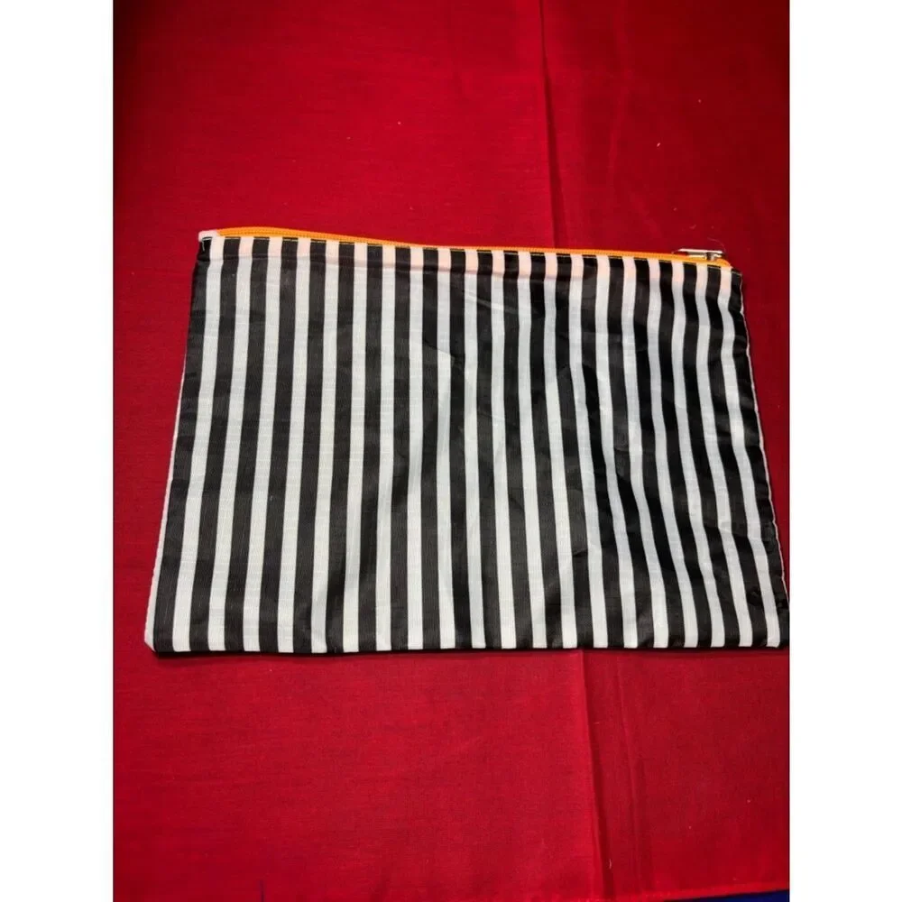 Black and White Striped Zipper Pouch with Trim
